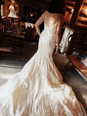 Danielle Frankel Silk-Wool Crinkled Strapless Fluted Gown in Ivory